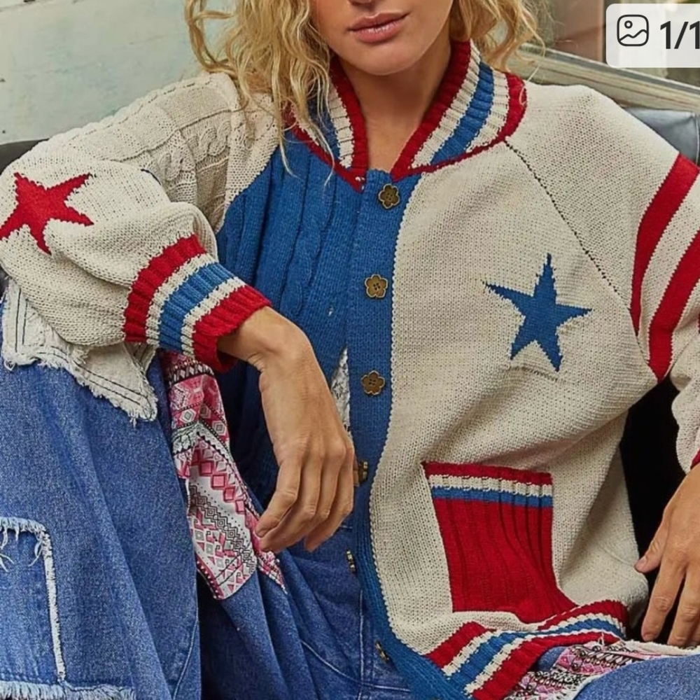 POL New Collection Blue and Red Stars & Stripes Knit Cardigan Sweater